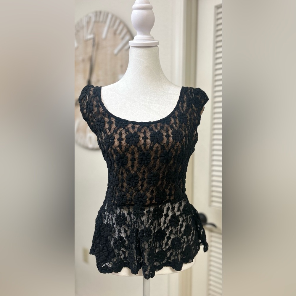 Mystic Black Floral Lace Peplum Top